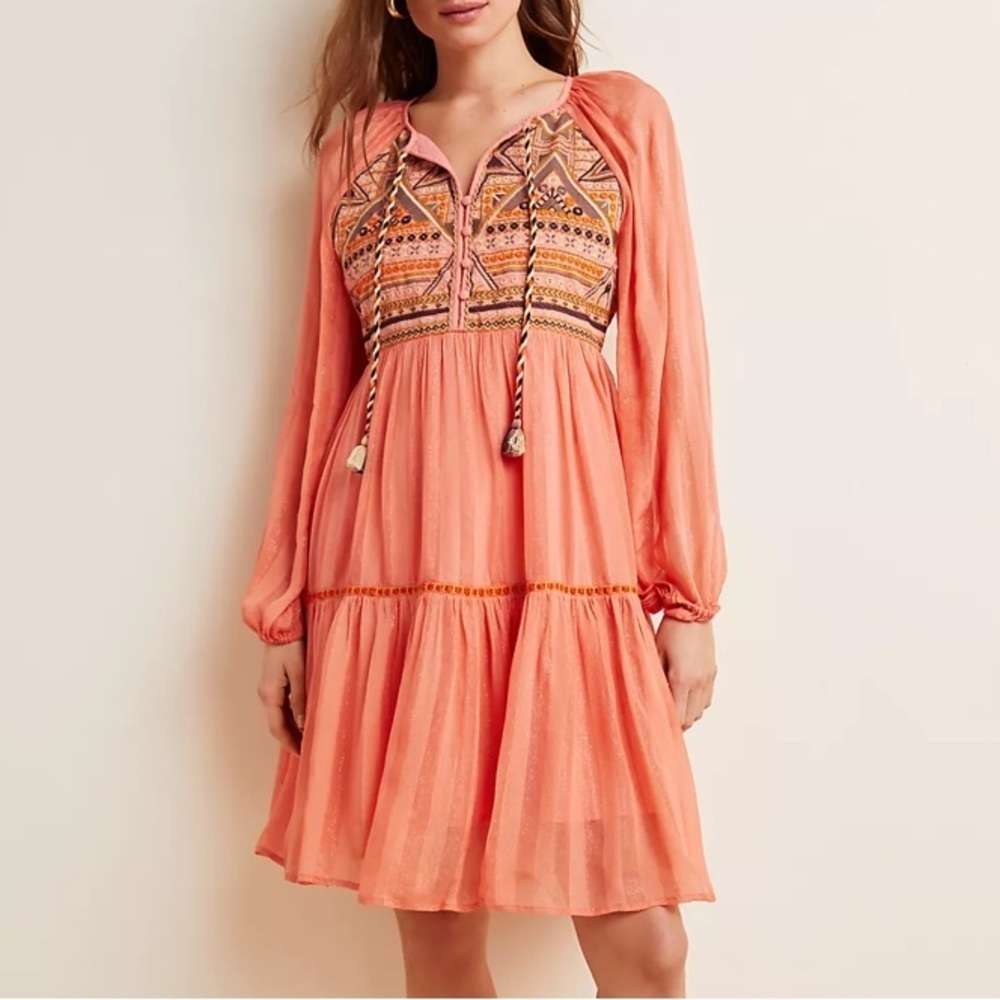 Anthropologie Norah Boho Long Sleeve Tiered Embroidered Mini Dress Size XSmall